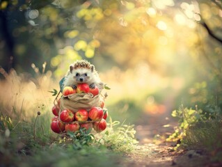 Poster - Medium shot of hedgehog carries apple on his back