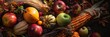 © ELIJA - Close-up of a cornucopia filled with seasonal produce like apples, pumpkins, and corn, capturing the essence of a bountiful Thanksgiving harvest