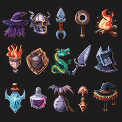 Wall Mural - Game fantasy icon set, vector magic dungeon dragon RPG sign, medieval warrior avatar, fairytale sign. Knight battle sword, armour helmet, power weapon, witch hat, potion cauldron. Fantasy icon kit
