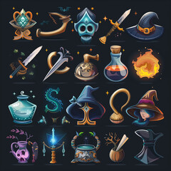 Game fantasy icon set, vector magic dungeon dragon RPG sign, medieval warrior avatar, fairytale sign. Knight battle sword, armour helmet, power weapon, witch hat, potion cauldron. Fantasy icon kit