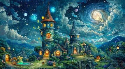 Wall Mural - A whimsical, magical illustration of a wizard's tower, with swirling spells, bubbling potions, and mysterious artifacts, ideal for fantasy adventures. Illustration, Minimalism,