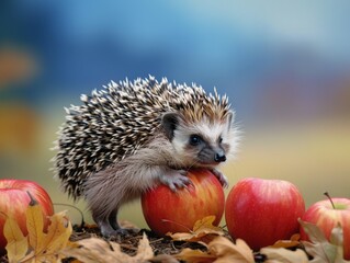 Wall Mural - Medium shot of hedgehog carries apple on his back