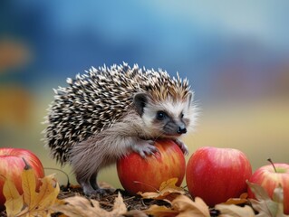 Poster - Medium shot of hedgehog carries apple on his back