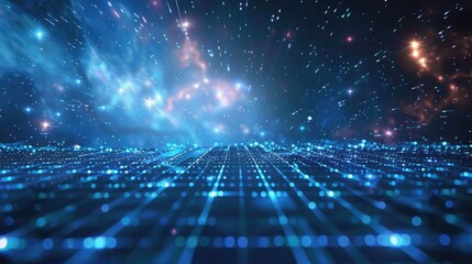 Poster - Abstract digital background with a blue perspective grid, sparkling ground particles, stars, and flares, evoking a futuristic scene