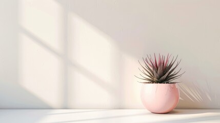 Wall Mural - Modern interior with pink potted Haworthia flower on white backdrop