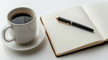 Poster - A white background with a cup of coffee and a pen on a blank book