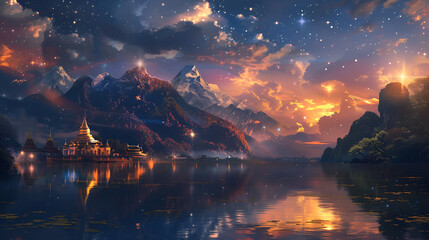 stunning colorful nigh sky mountain temples
