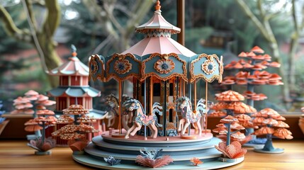 Intricate paper craft carousel with ornate details, great for nostalgic or festive designs. Illustration, Minimalism,