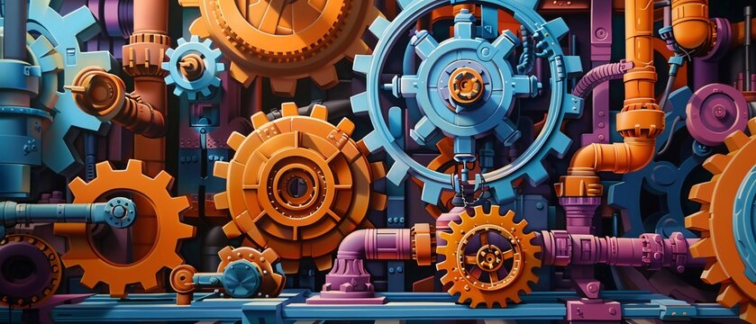 Whimsical Wonderland of Colorful Gears in a Fantastic Mechanical Contraption