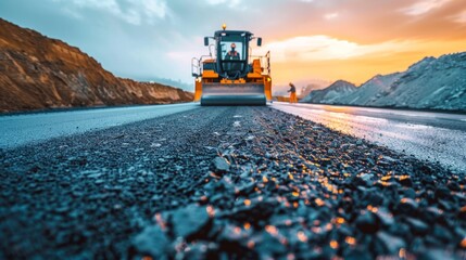 road special equipment lays new asphalt pavement on the road, road repair, replacement of asphalt