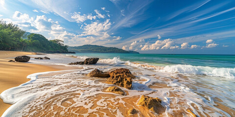 Beach in Phuket, Thailand with crystal clear waters and golden sand under a bright blue sky