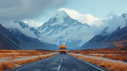 Landscape view of mountain range near Aoraki Mount Cook and the road leading to Mount Cook Village ai generated