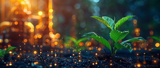 Canvas Print - Plants grow in soil, illuminated by floating light particles, against a softly blurred outdoor scene during sunrise or sunset, embodying natural renewal