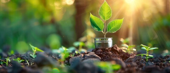 Wall Mural - plant rises amidst lush green surroundings, basking in sunlight, a beacon of hope and growth for environmental innovation and sustainability