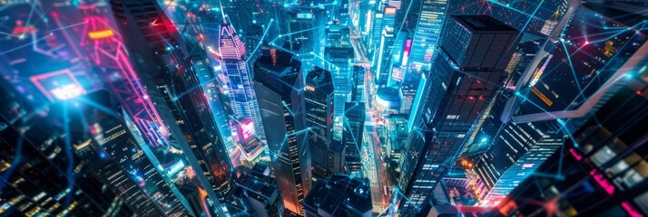 Wall Mural - A high-angle view of a futuristic city skyline at night, illuminated with neon lights