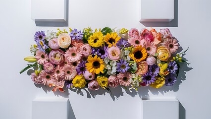 Wall Mural - Top view image of flowers composition on white background flat lay
