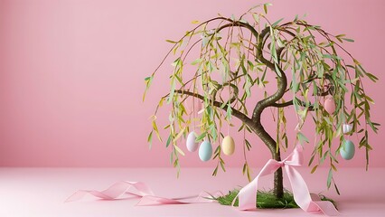 Wall Mural - Easter decoration willow with a pink ribbon on pastel pink background top view