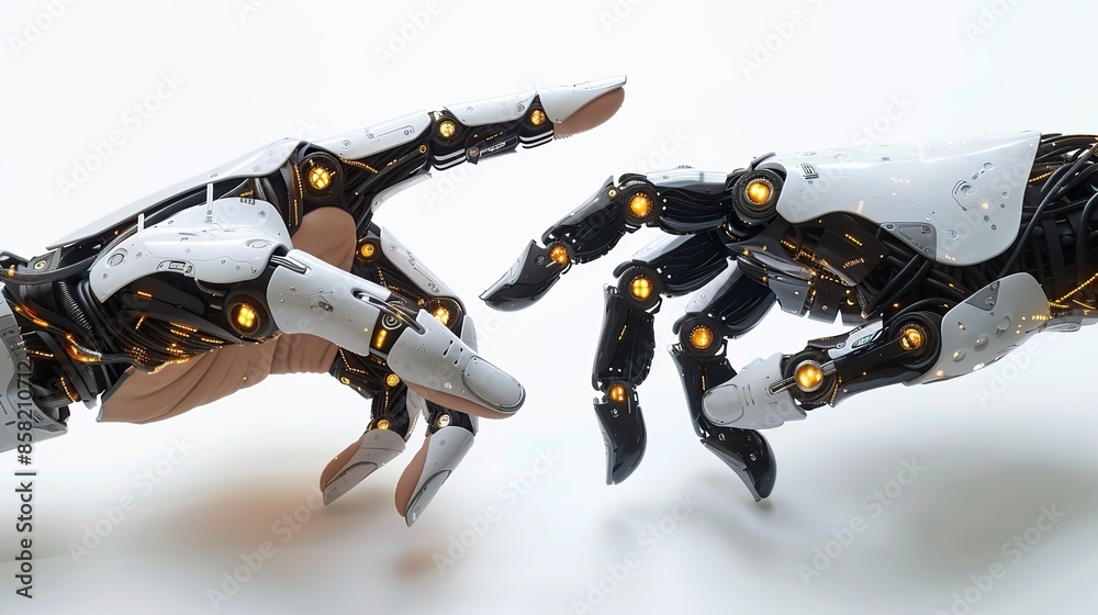 Human and robot connect through a touch of the finger, symbolizing the ...