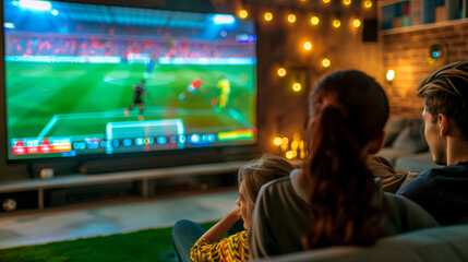 Wall Mural - friends looking a soccer game together on the tv screen	
