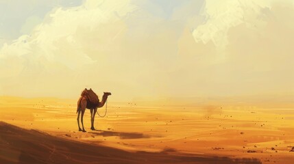 Camel standing in the wide desert
