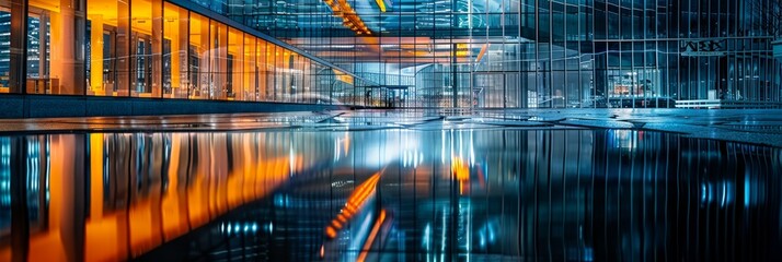 Wall Mural - A captivating nighttime photograph showcasing a futuristic buildings reflection in a nearby water body