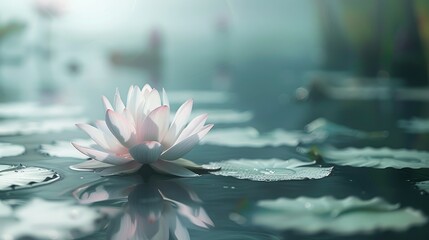 Wall Mural - Delicate lotus flower with a soft-focus background of lily pads AI generated