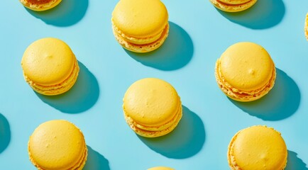 Wall Mural - Pattern with yellow macarons dessert on blue background, top view, minimal flat lay style.