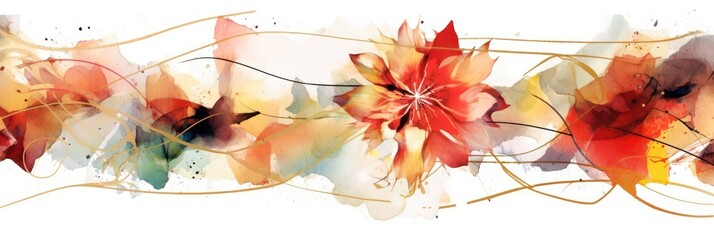Wall Mural - Abstract geometric watercolor banner with dynamic shapes and splatters. Red flower and leaves line arrangement or composition with white background. Modern art concept for creative design. AIG35.