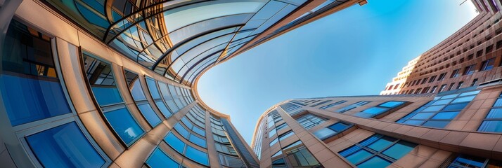 Wall Mural - A low angle fisheye photograph of modern city buildings with a blue sky background, creating a distorted perspective effect