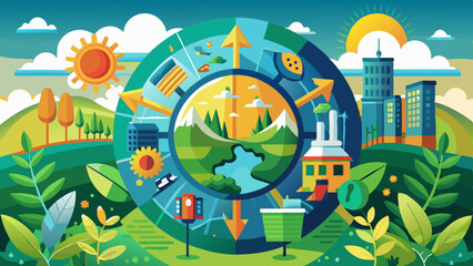 Wall Mural - Circular Economy Icon, sustainable future against a backdrop of nature and the environment.