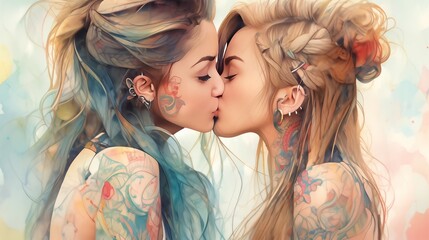 Wall Mural - Tattoed woman, lesbian kiss, Erotic print, bodyart colorful poster, LGBTQ