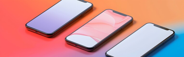 Poster - 3 mobile phone mockups with blank screen, isometric view, gradient background