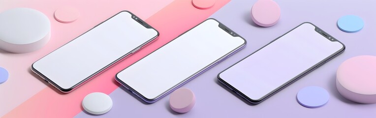 Poster - Set of three vector illustration of blank white screen mobile phone mockup in isometric style on gradient background with colorful circles, isolated, pastel color theme, white and purple gray backgrou