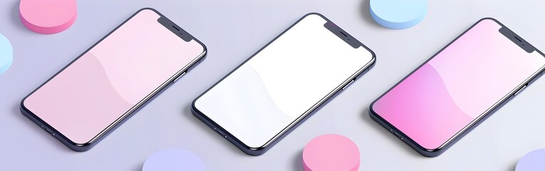 Poster - Set of three vector illustration of blank white screen mobile phone mockup in isometric style on gradient background with colorful circles, isolated, pastel color theme, white and purple gray backgrou