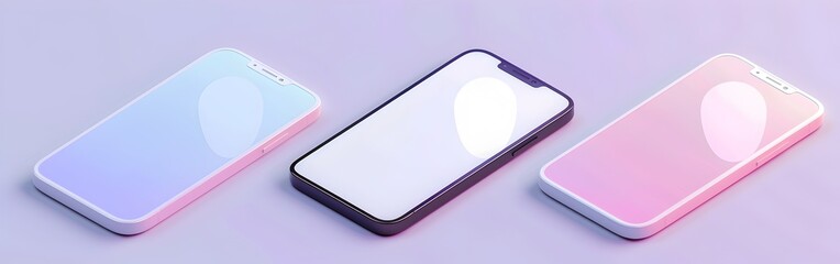 Poster - Set of three vector illustration of blank white screen mobile phone mockup in isometric style on gradient background with colorful circles, isolated, pastel color theme, white and purple gray backgrou
