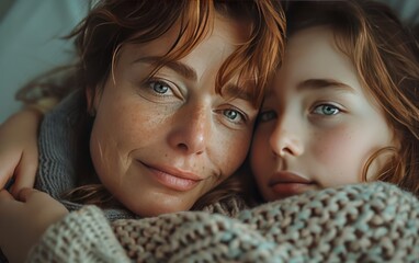 Close Up Portrait of Mother and Daughter Embracing