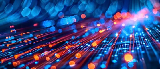 Canvas Print - Blue light and glowing cables create a bright, digital network backdrop, illustrating the technology of fiber optics and the vibrant blur of data