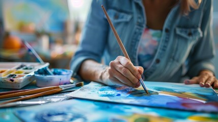 A teacher conducting an art lesson with watercolors