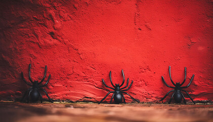 Wall Mural - Spooky red wall with black spiders, background for Halloween poster or banner. Horror backdrop