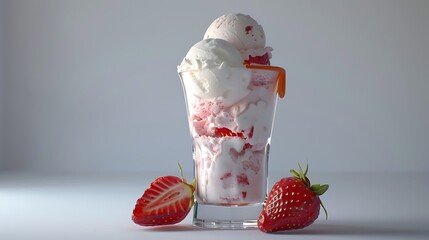 Wall Mural - Strawberry ice cream with honey topping and vanilla ice cream in a glass very detailed and realistic shape