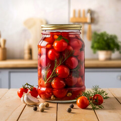 Poster - There is a jar of pickled tomatoes on the kitchen table. Cherry tomatoes