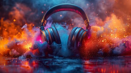 Wall Mural - immerse in an electrifying auditory adventure as stereo headphones burst into a vibrant spectacle of