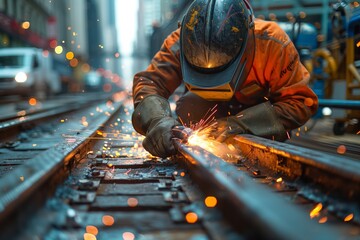 Construction Worker Welding Railway Tracks in City