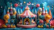 © DARIKA - Paper craft circus troupe performing under the big top, great for vintage-themed designs. Illustration, Minimalism,