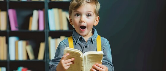 A little boy student in awe, glasses-wearing, mouth agape, marveling at a book near a blackboard in a school, embodying education and childhood curiosit