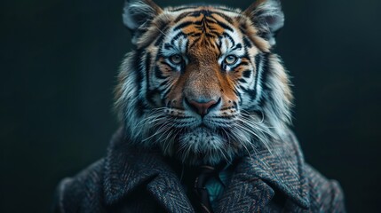 Anthropomorphic tiger dons suit and tie, striking a charismatic pose against a backdrop. illustration images