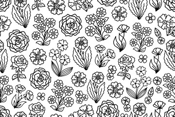 Poster - Seamless hand drawn line art floral pattern with black contour drawn flowers. Line art floral sketches with black thin line.