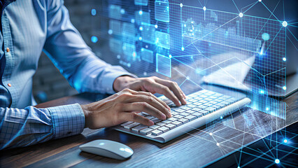 Man, screen and overlay with coding or software update and programming