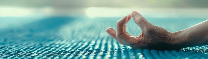 Poster - Hand in Meditation Pose on Blue Yoga Mat.