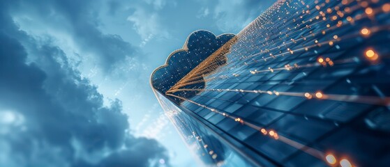 Sticker - Glass skyscrapers punctuate the cityscape, their reflective surfaces mirroring the dynamic clouds and blue skies, symbolizing modern business and technology